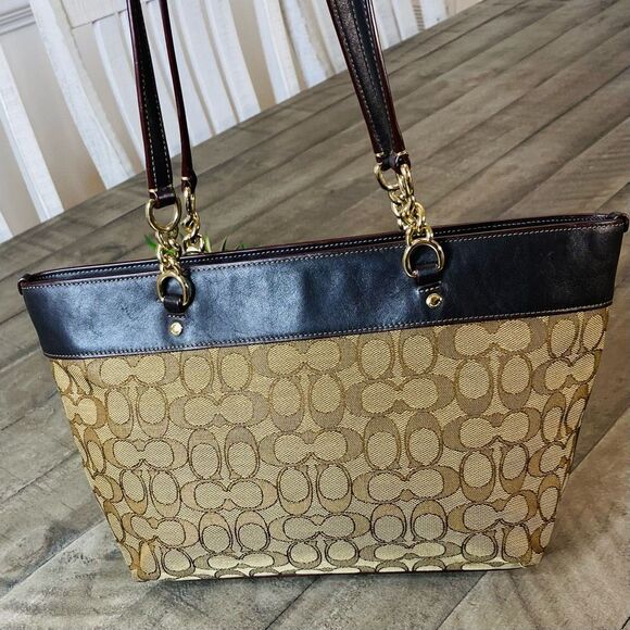 Coach Beige/Brown Signature Canvas and Leather Sophia Chain Tote - Picture 6 of 10